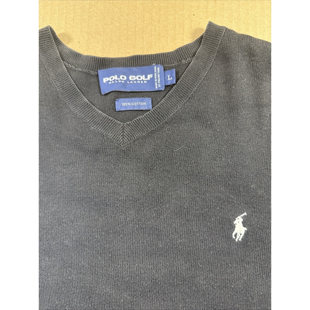 Vintage Polo Ralph Lauren Golf Sweater Men Sz L, V-Neck 90s Pullover Black Pony